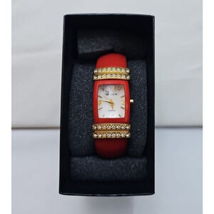 Gruen Womens Wrist Watch Red Hard Bracelet Band Gold Details White Face Quartz